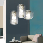 Hand-Carved Alabaster Cylinder Pendant Light in Glass Shell