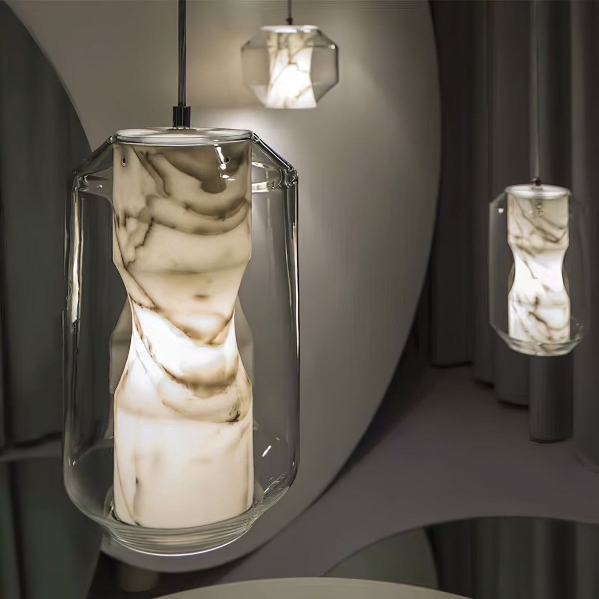 Hand-Carved Alabaster Cylinder Pendant Light in Glass Shell