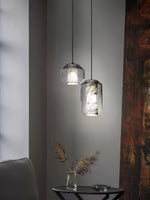 Hand-Carved Alabaster Cylinder Pendant Light in Glass Shell