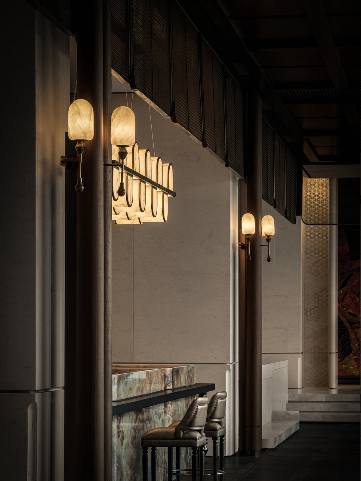 Alabaster Obelisk Double Sconce in Brass and Marble