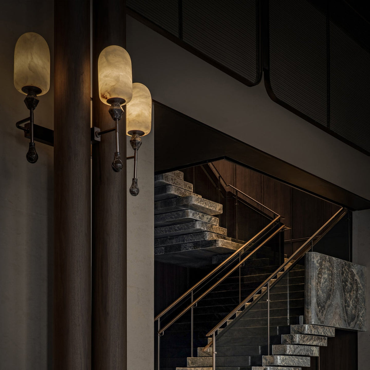 Alabaster Obelisk Double Sconce in Brass and Marble