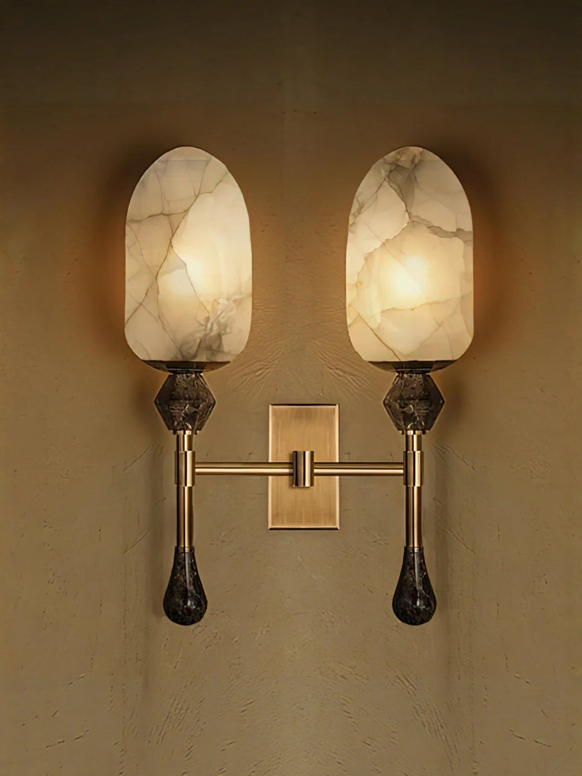 Alabaster Obelisk Double Sconce in Brass and Marble