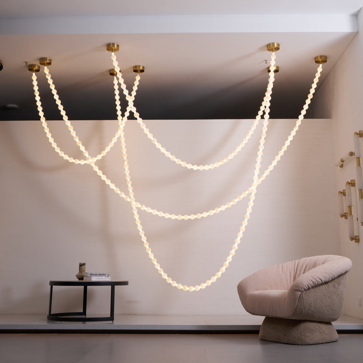 Alabaster Pearl Necklace Chandelier — Cascading Beaded LED Pendant Light