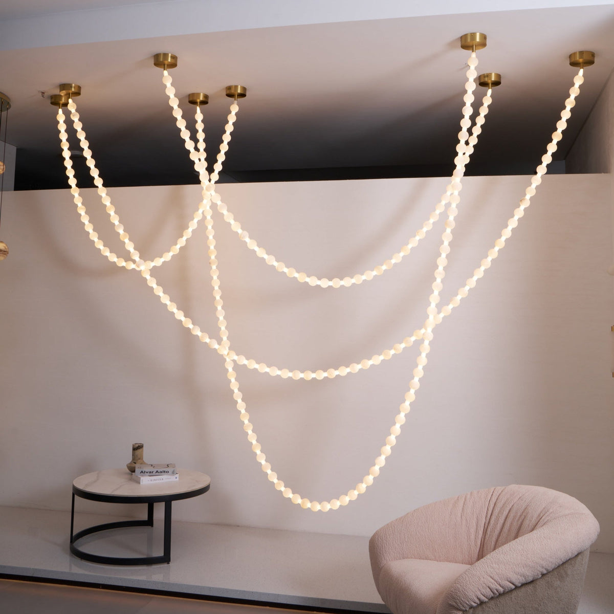 Alabaster Pearl Necklace Chandelier — Cascading Beaded LED Pendant Light