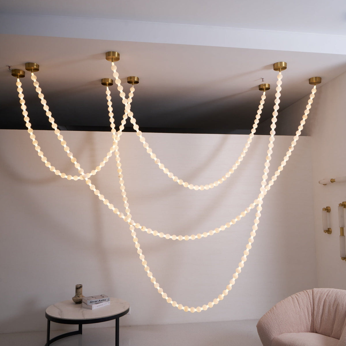 Alabaster Pearl Necklace Chandelier — Cascading Beaded LED Pendant Light