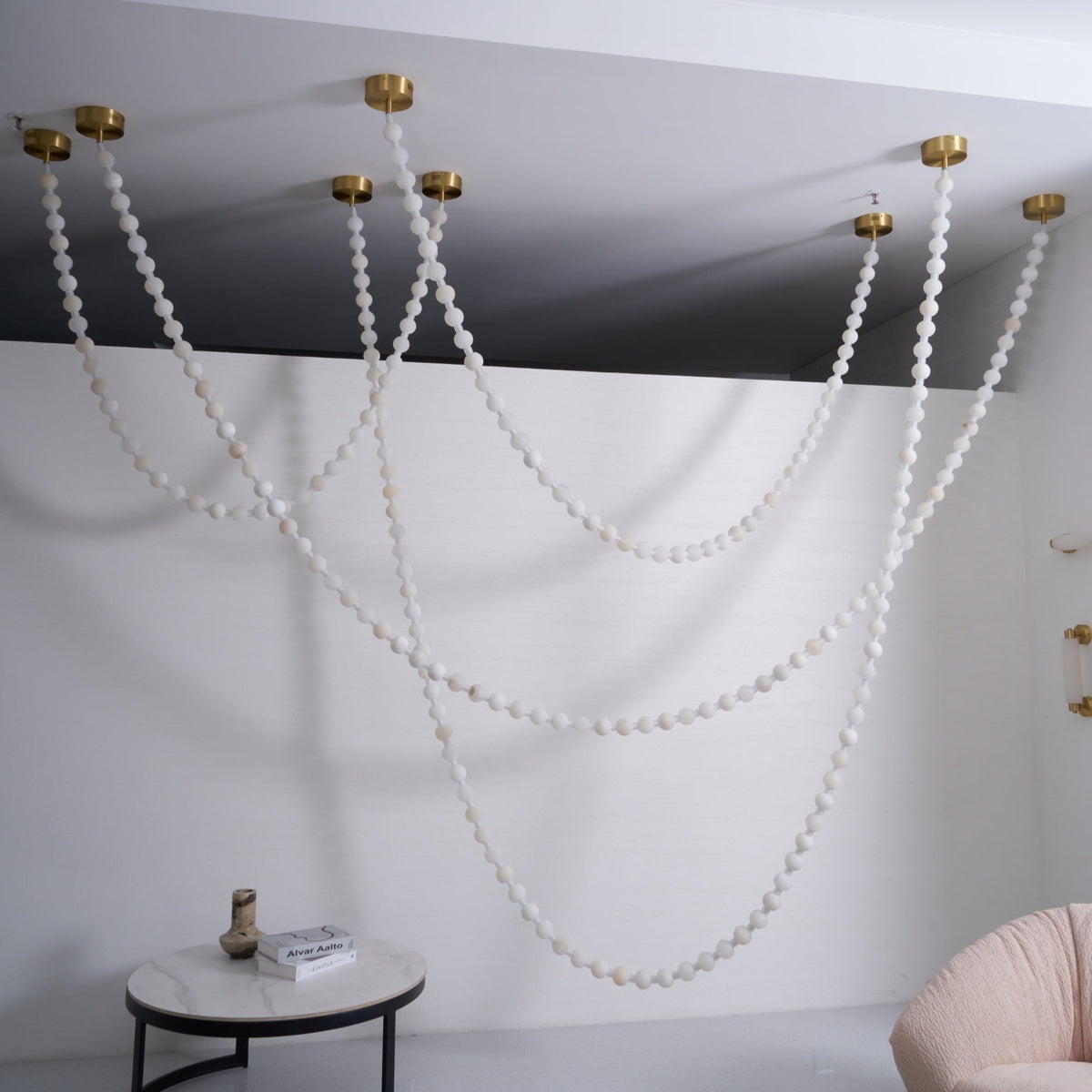 Alabaster Pearl Necklace Chandelier — Cascading Beaded LED Pendant Light