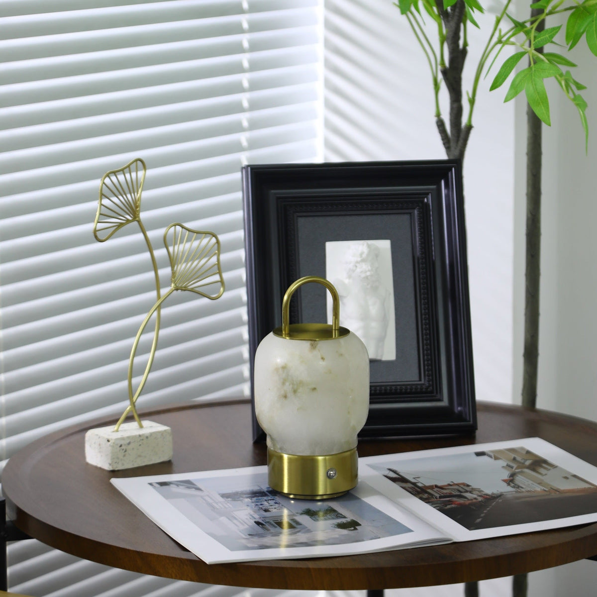 Alabaster Portable Rechargeable Table Lamp with Gold Handle