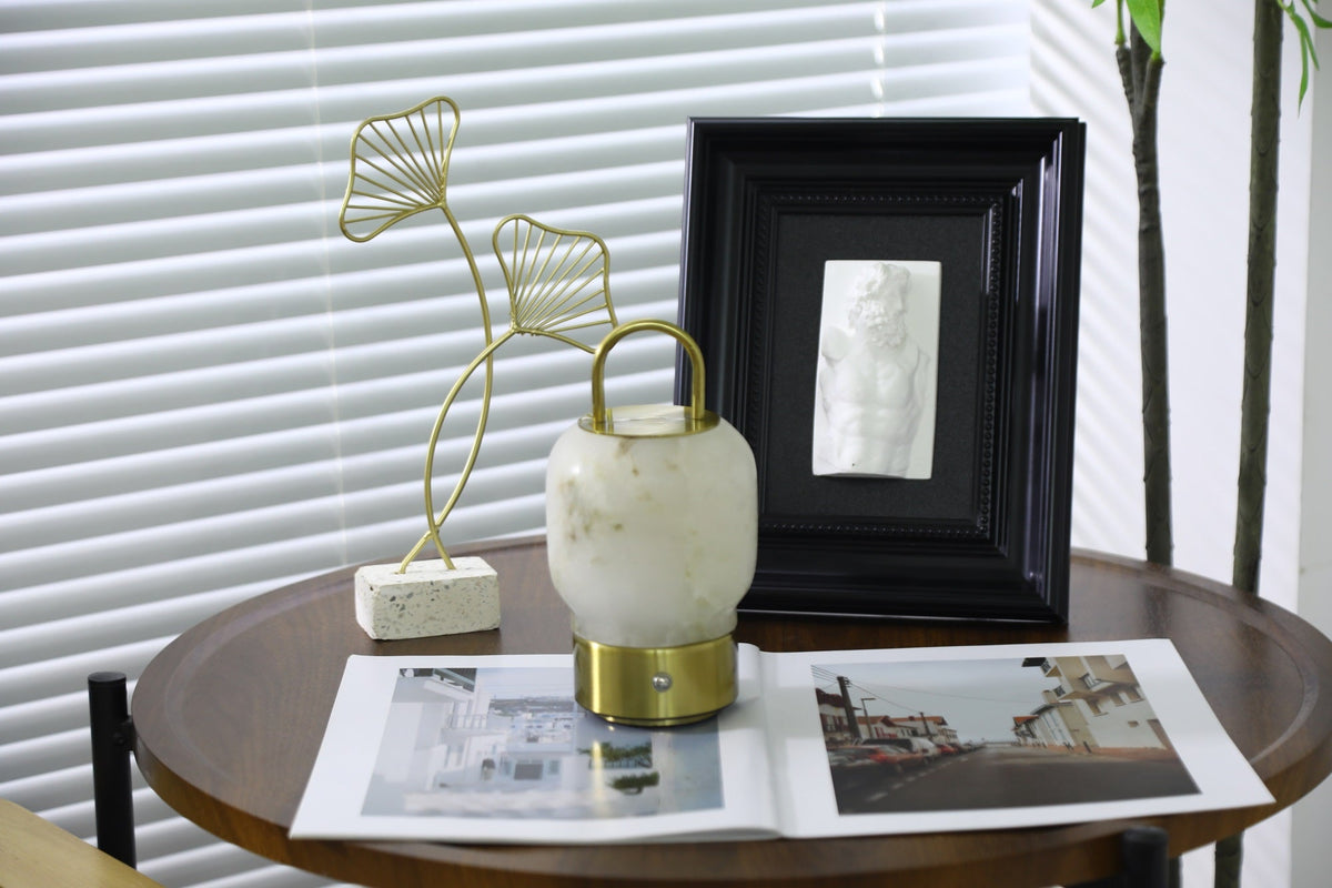 Alabaster Portable Rechargeable Table Lamp with Gold Handle