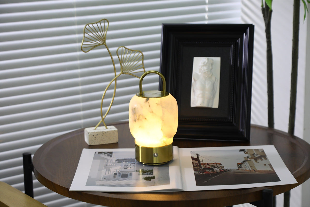 Alabaster Portable Rechargeable Table Lamp with Gold Handle