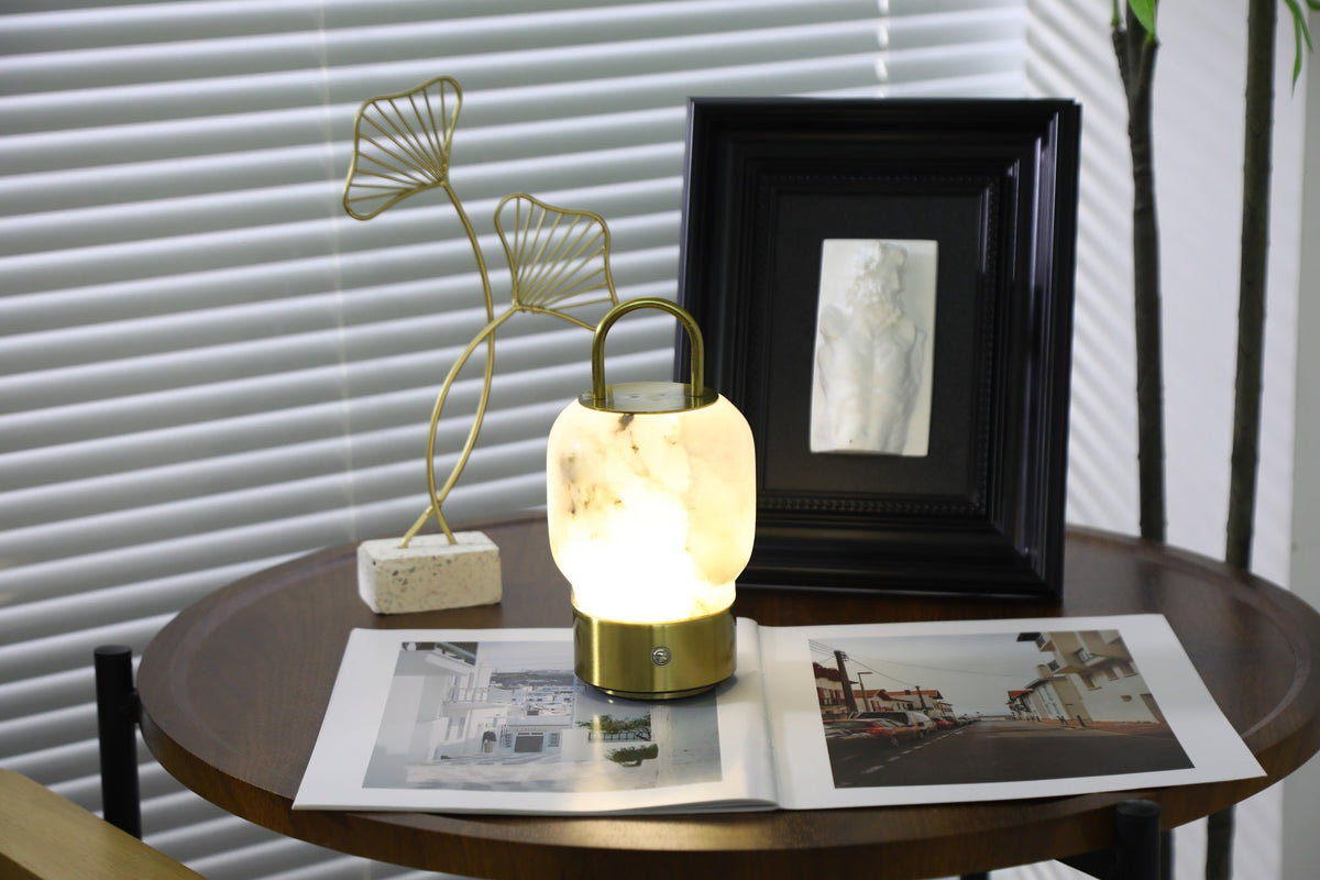 Alabaster Portable Rechargeable Table Lamp with Gold Handle