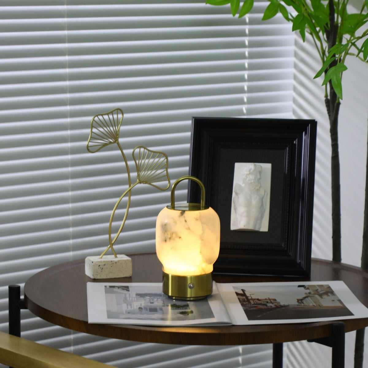Alabaster Portable Rechargeable Table Lamp with Gold Handle