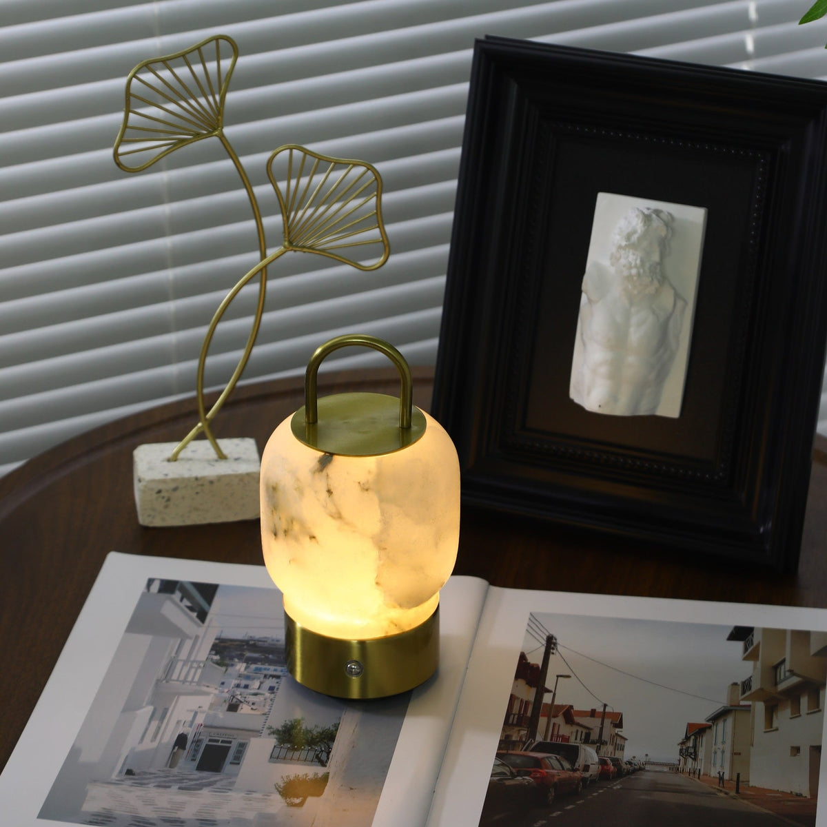 Alabaster Portable Rechargeable Table Lamp with Gold Handle