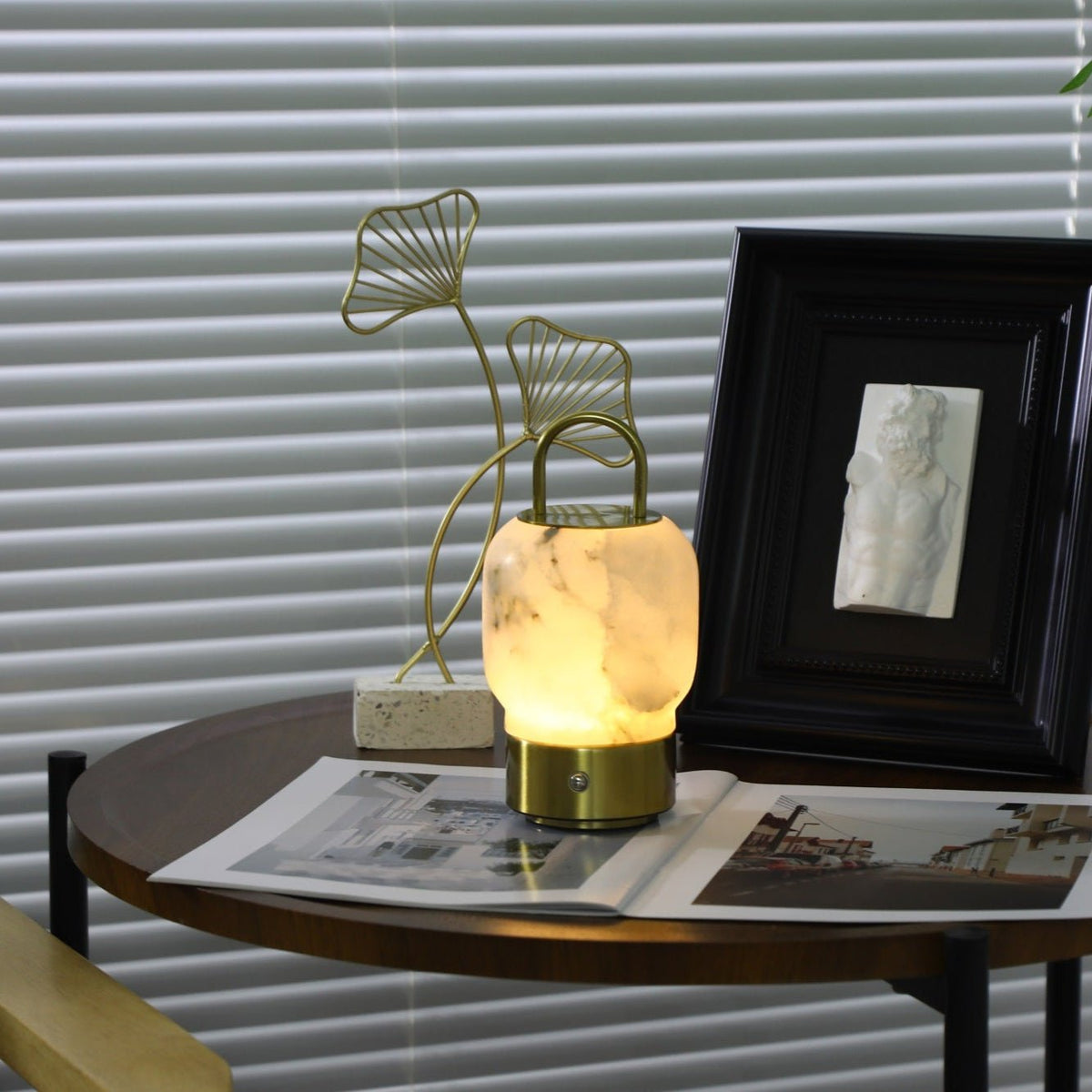 Alabaster Portable Rechargeable Table Lamp with Gold Handle