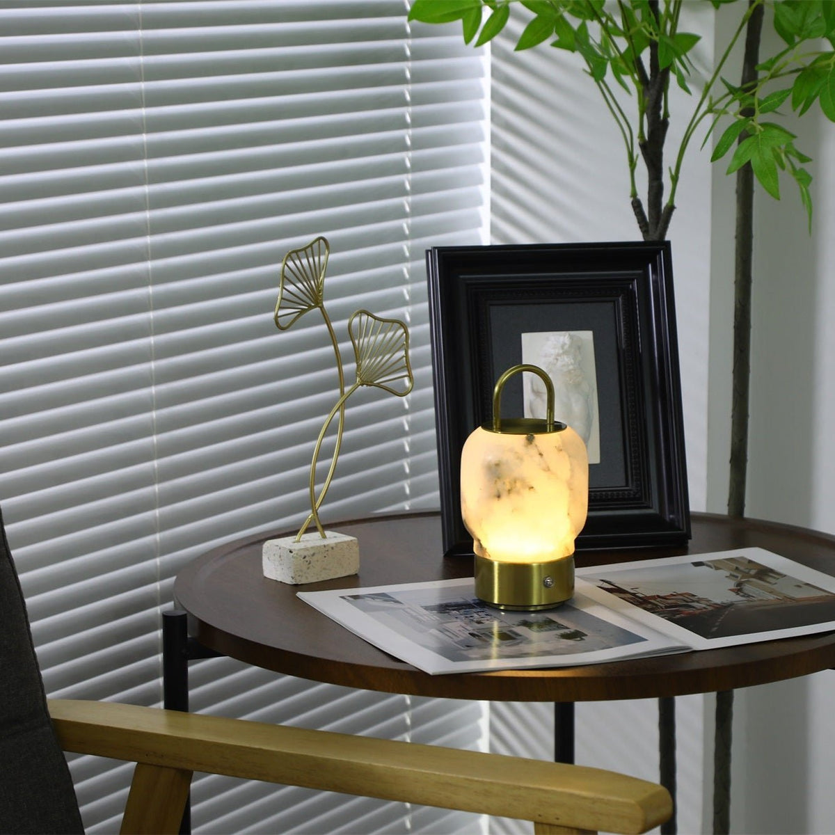 Alabaster Portable Rechargeable Table Lamp with Gold Handle