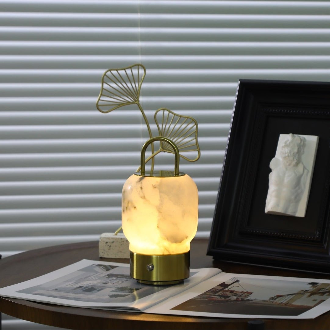 Alabaster Portable Rechargeable Table Lamp with Gold Handle
