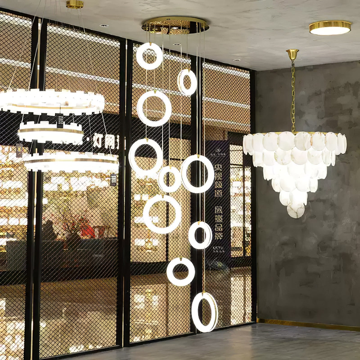 Alabaster Ring Pendant Light in Natural Stone with Brass Accents