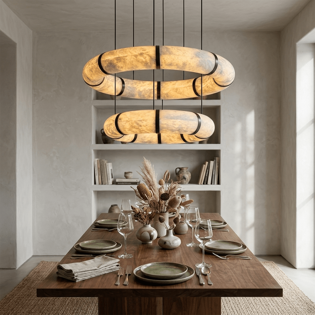 Alabaster Torus Double Ring Chandelier – Spanish Stone Halo Pendant Light