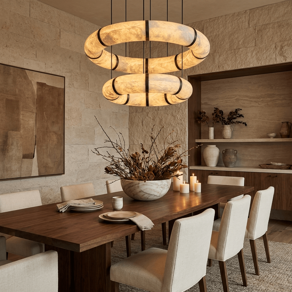 Alabaster Torus Double Ring Chandelier – Spanish Stone Halo Pendant Light