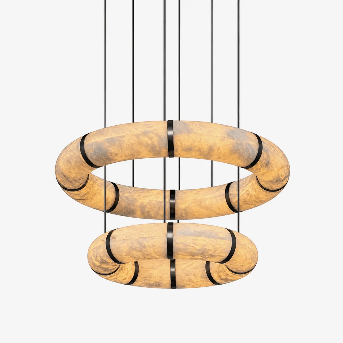 Alabaster Torus Double Ring Chandelier – Spanish Stone Halo Pendant Light