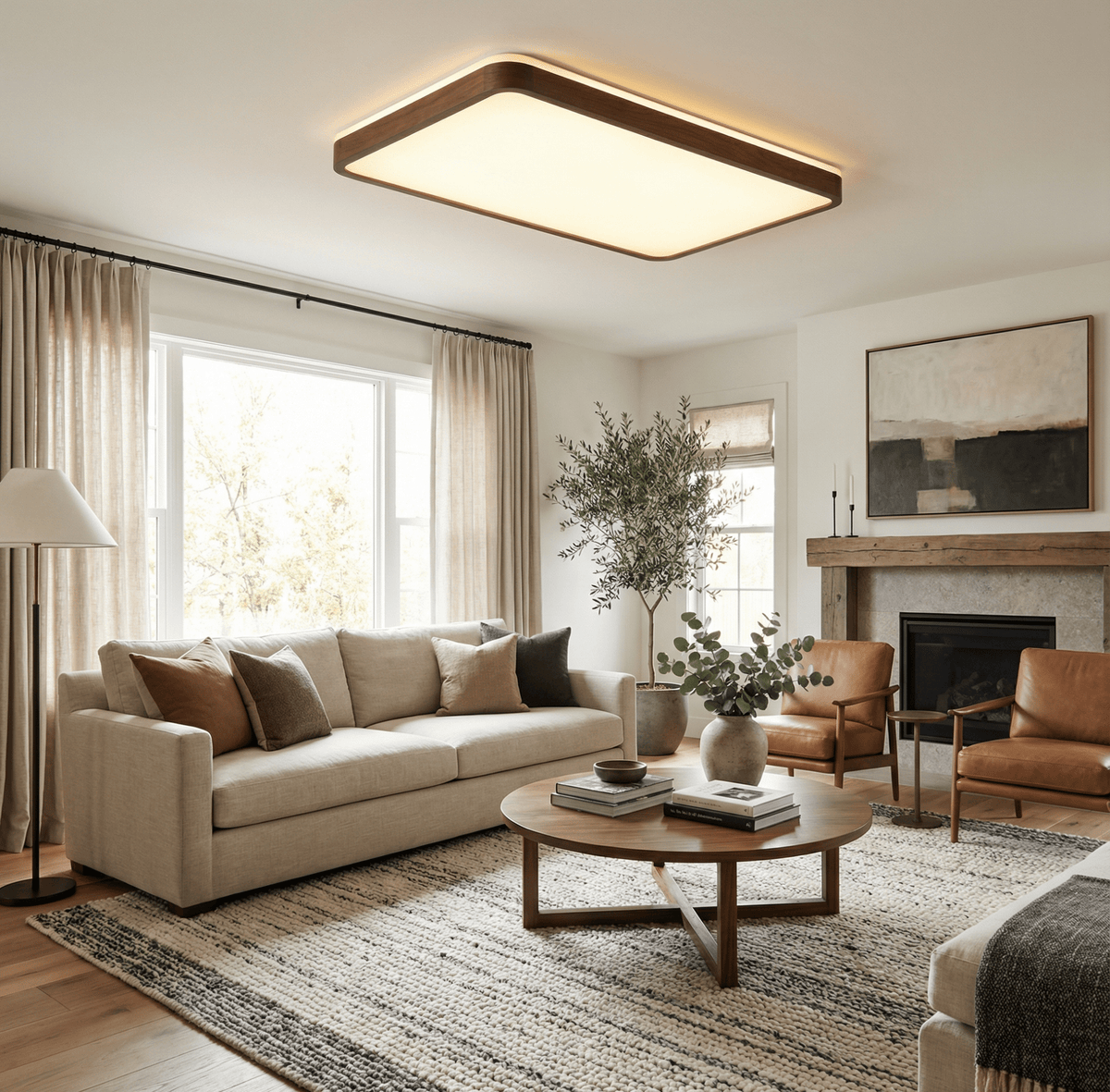 Alder Frame Wood LED Ceiling Light – Modern Flush Mount for Bedroom and Living Room