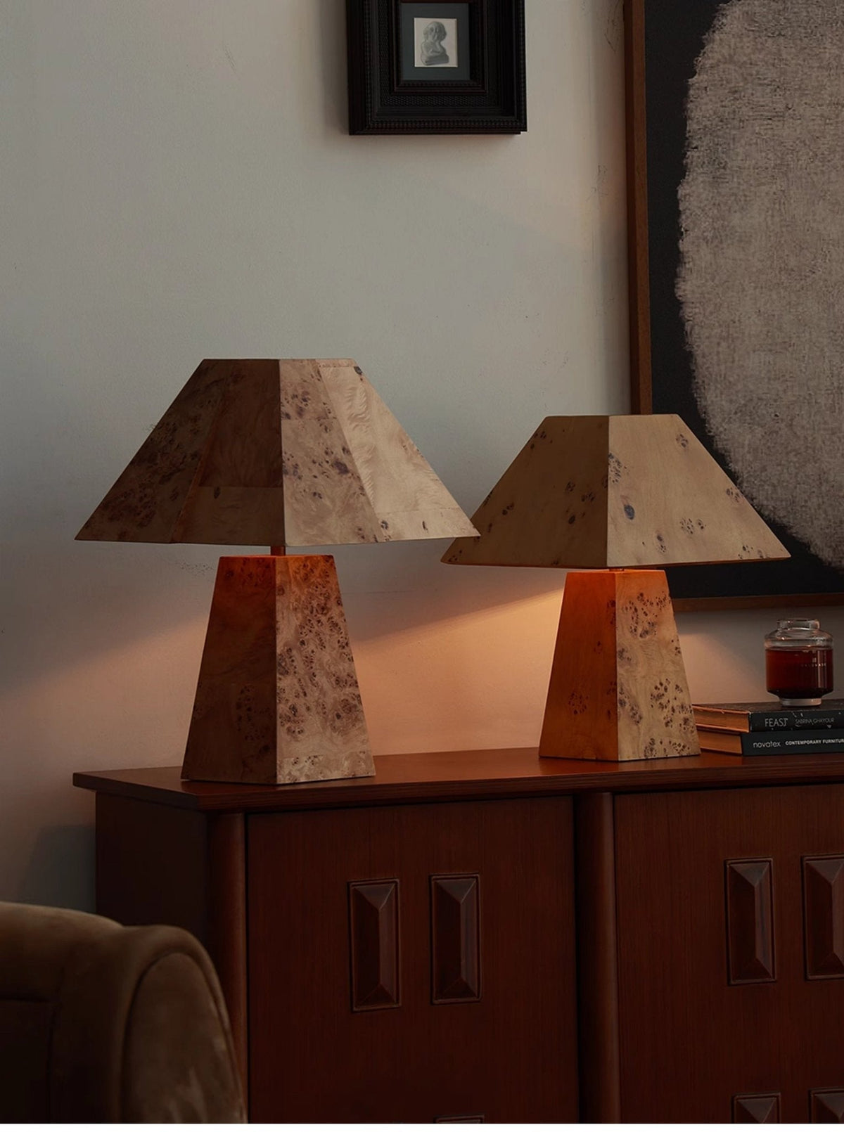Alder Sculptural Burl Wood Table Lamp with Geometric Shade