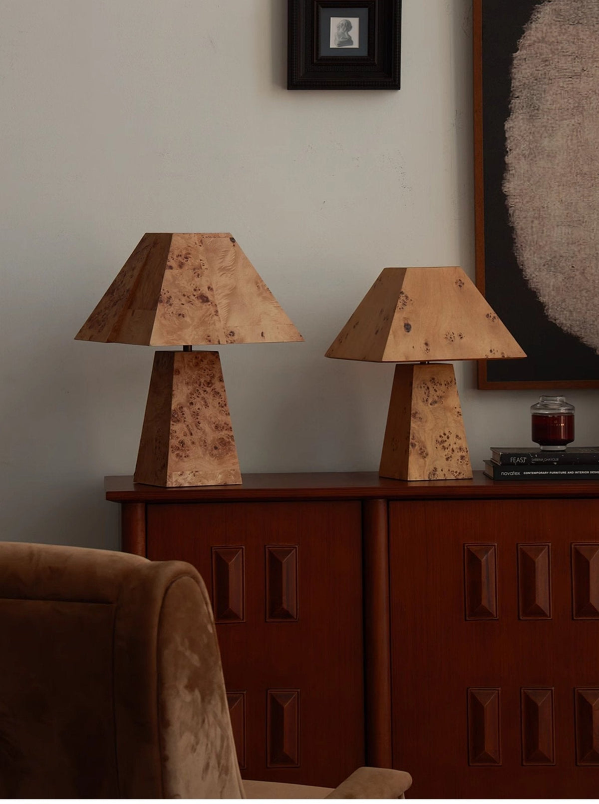 Alder Sculptural Burl Wood Table Lamp with Geometric Shade