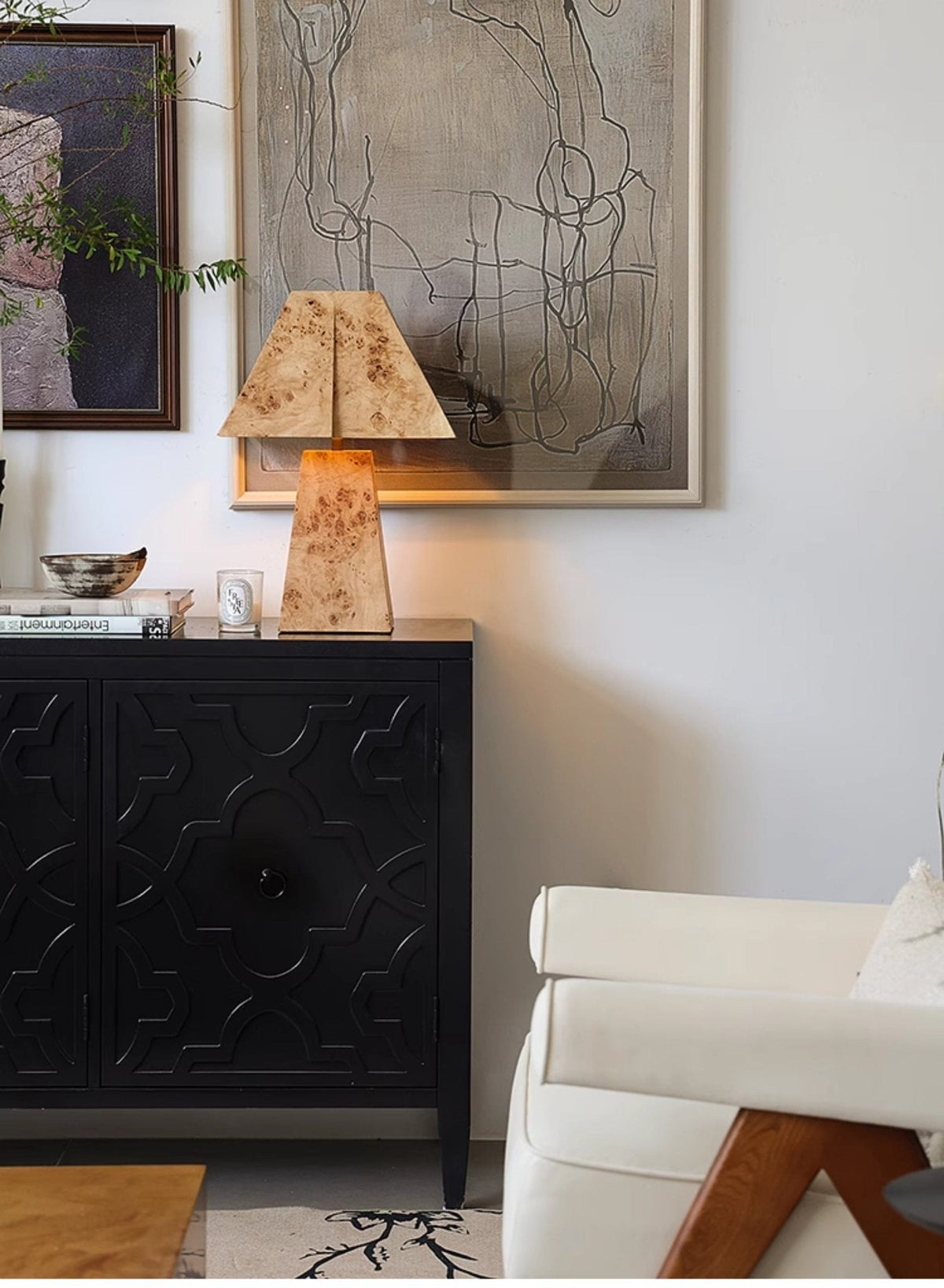 Alder Sculptural Burl Wood Table Lamp with Geometric Shade