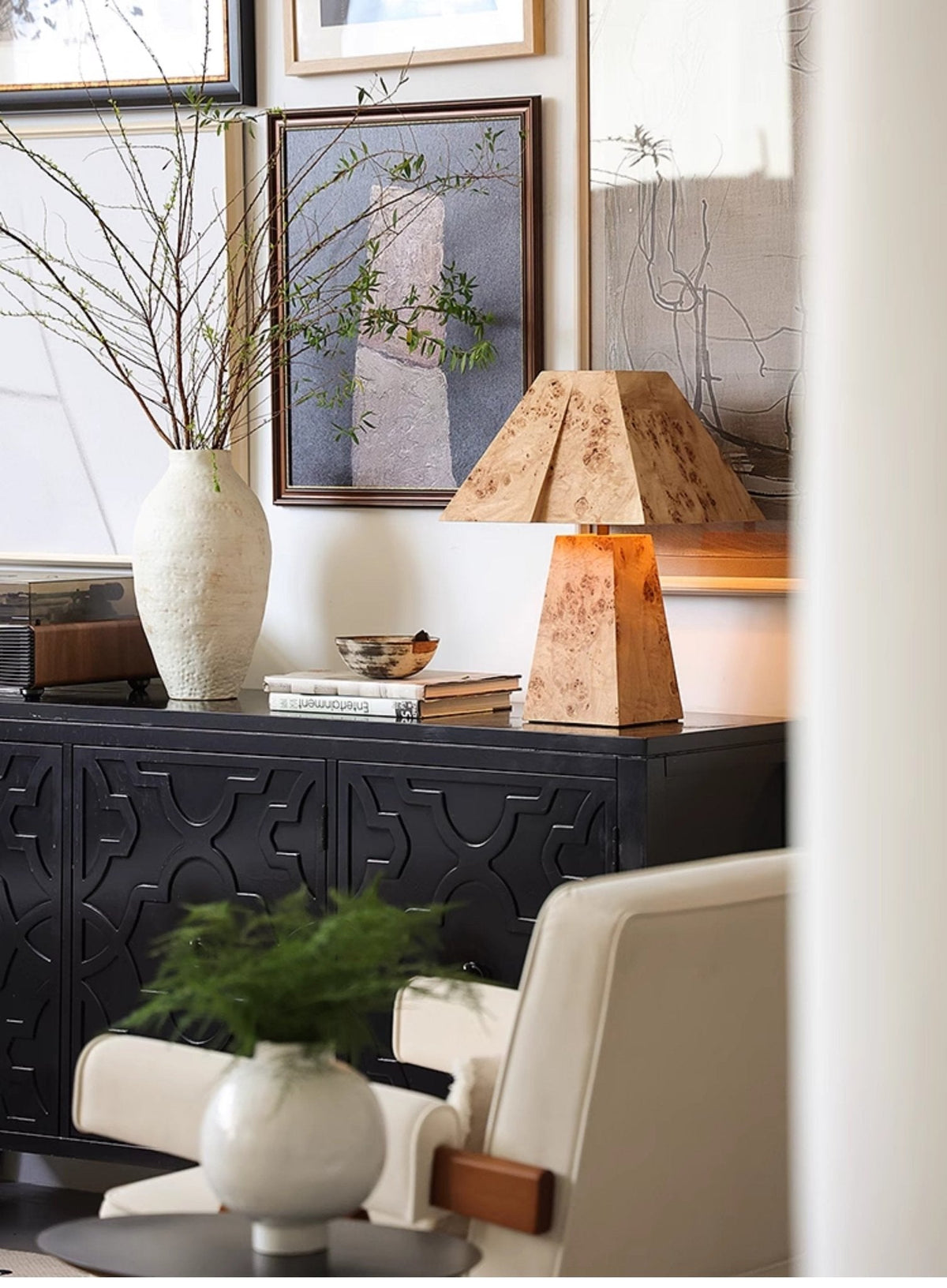 Alder Sculptural Burl Wood Table Lamp with Geometric Shade