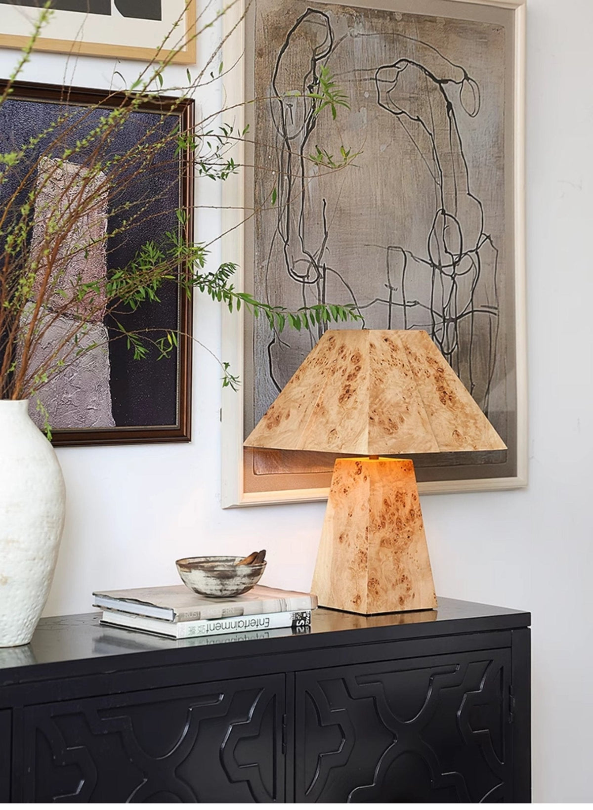 Alder Sculptural Burl Wood Table Lamp with Geometric Shade