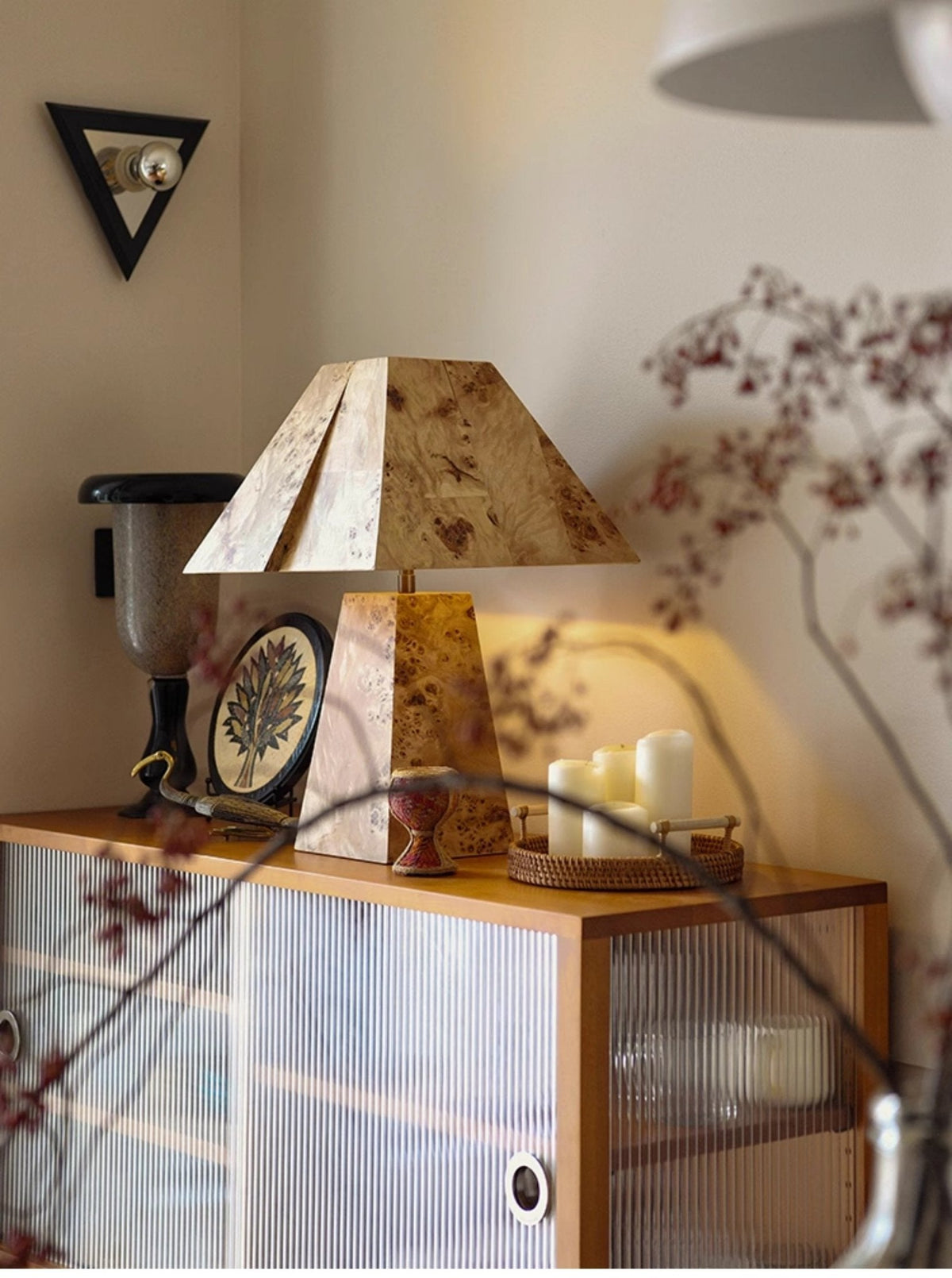 Alder Sculptural Burl Wood Table Lamp with Geometric Shade