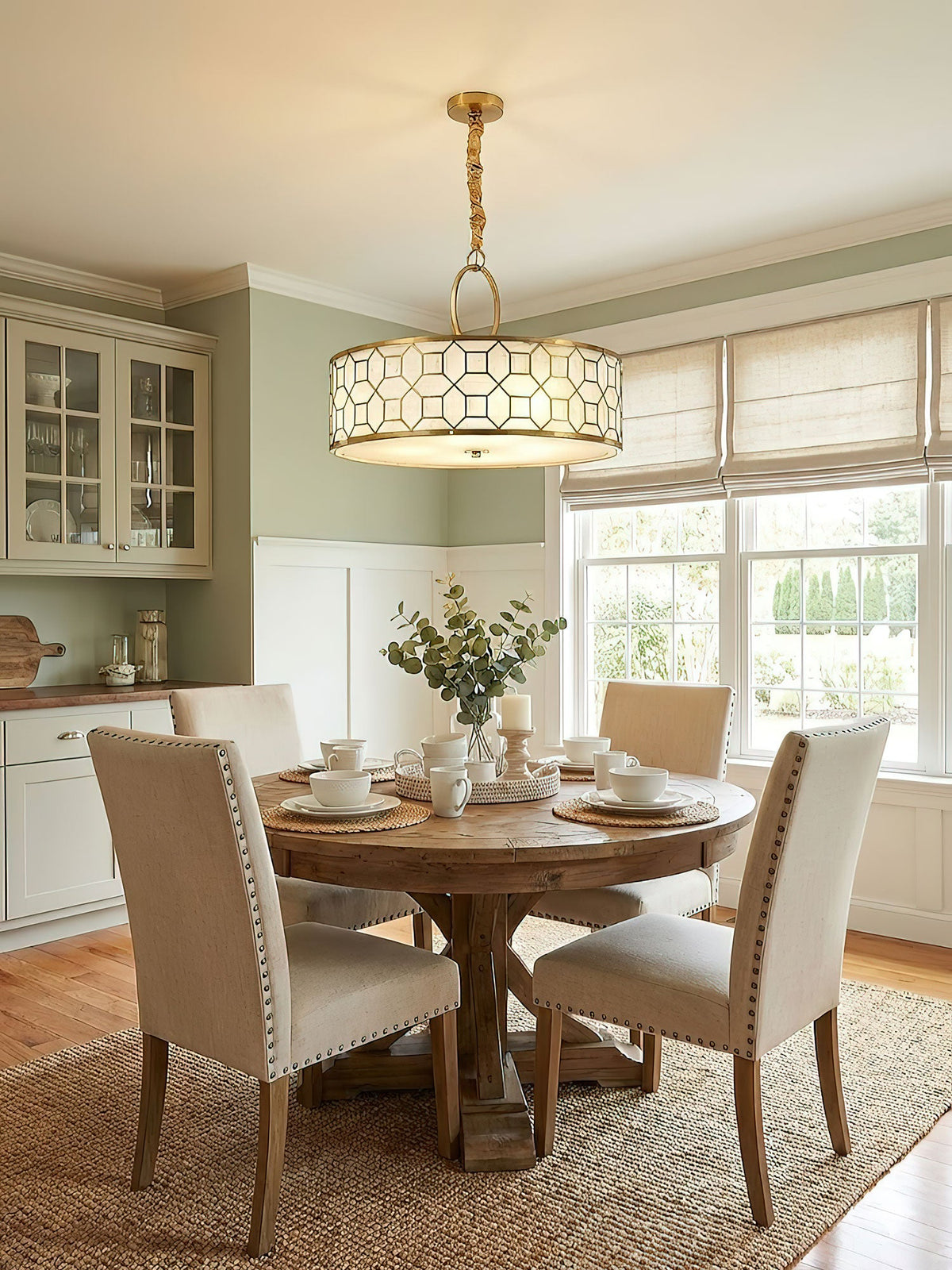 Allegretto Round Pendant Light in Burnished Gold Leaf with Linen Shade