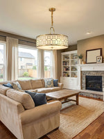 Allegretto Round Pendant Light in Burnished Gold Leaf with Linen Shade