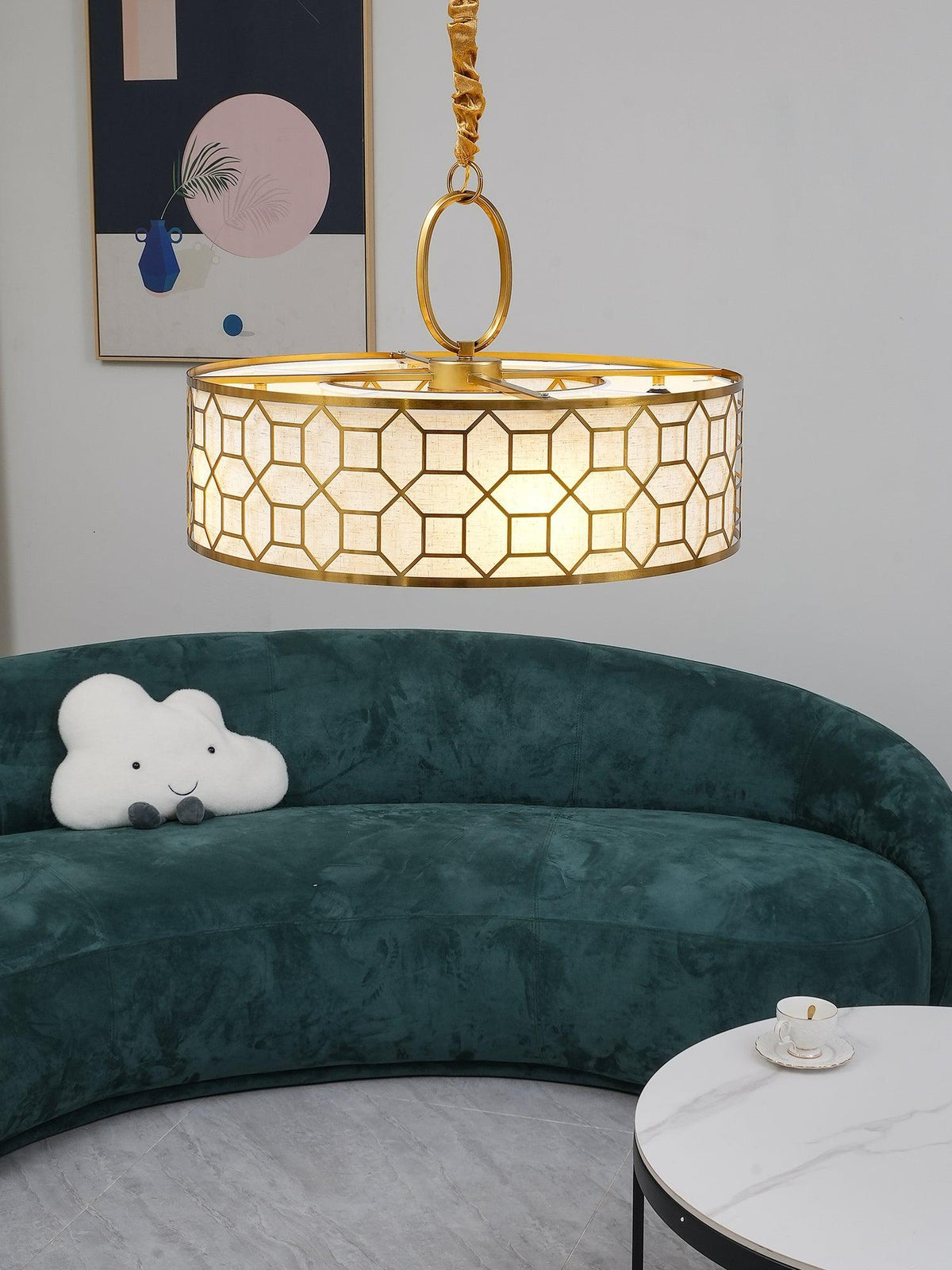 Allegretto Round Pendant Light in Burnished Gold Leaf with Linen Shade