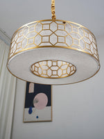 Allegretto Round Pendant Light in Burnished Gold Leaf with Linen Shade