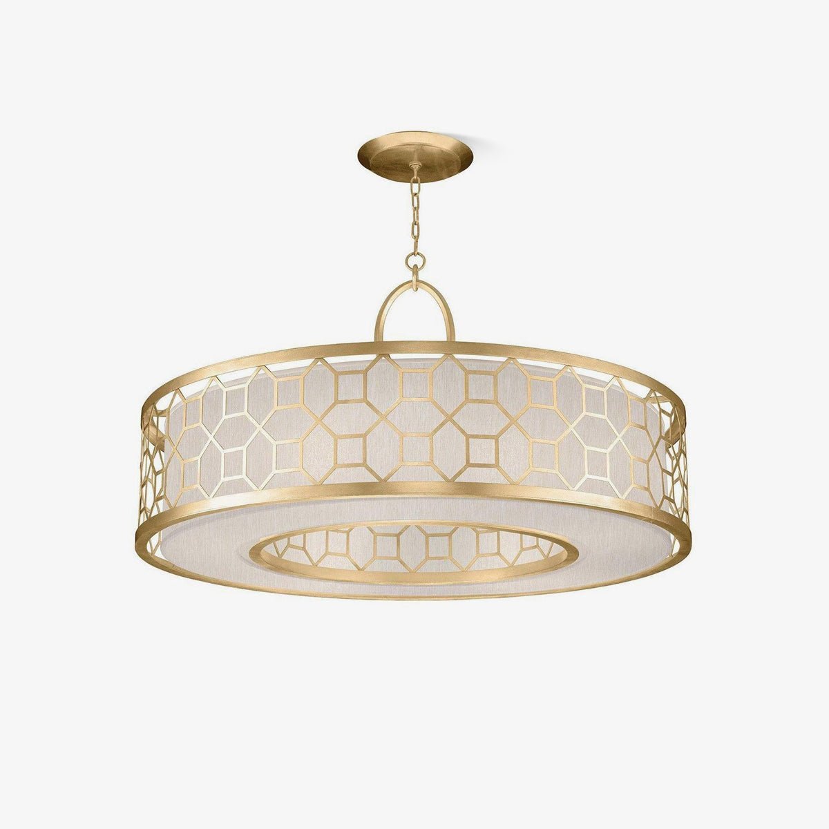 Allegretto Round Pendant Light in Burnished Gold Leaf with Linen Shade