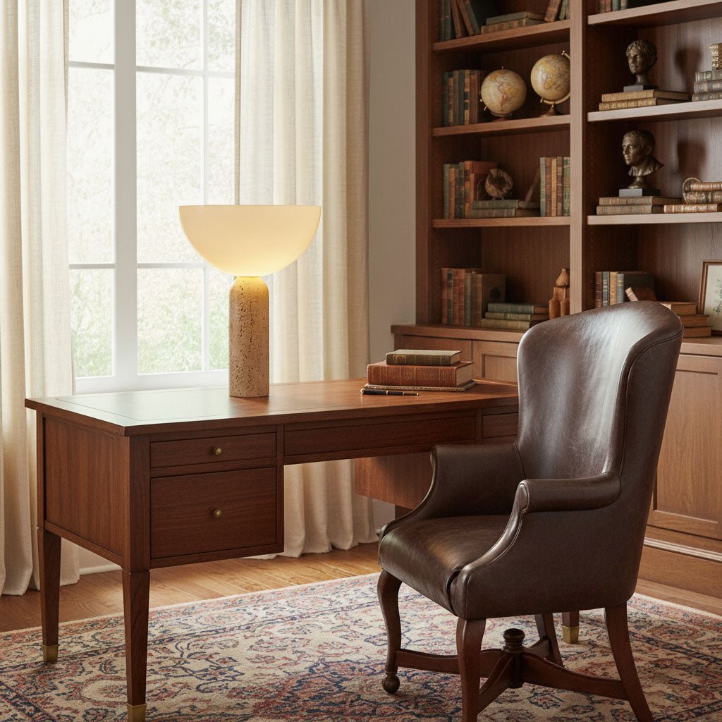 Alto Sculptural Travertine Table Lamp with Opal Glass Shade