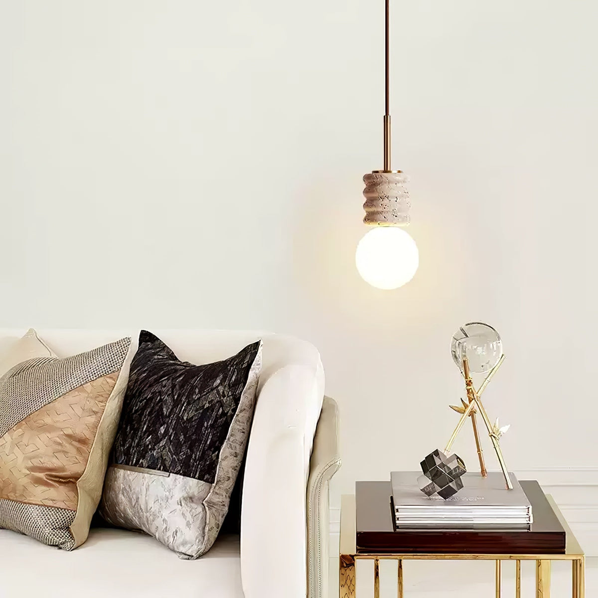 Alvia Travertine Pendant Light – Sculpted Stone & Brass Modern Hanging Lamp
