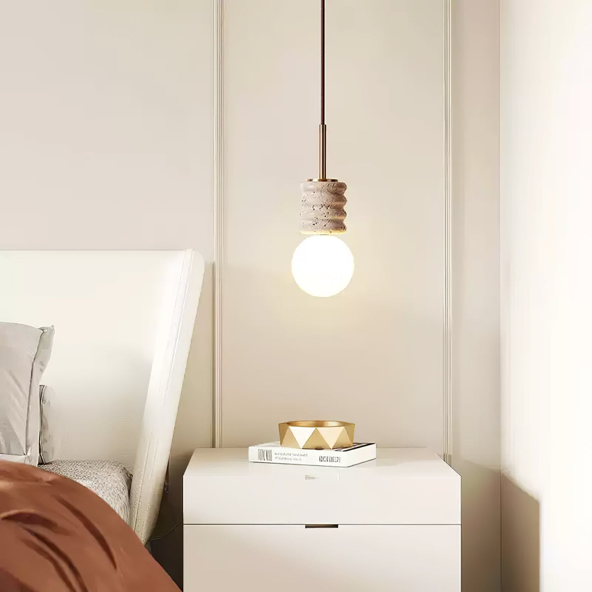 Alvia Travertine Pendant Light – Sculpted Stone & Brass Modern Hanging Lamp
