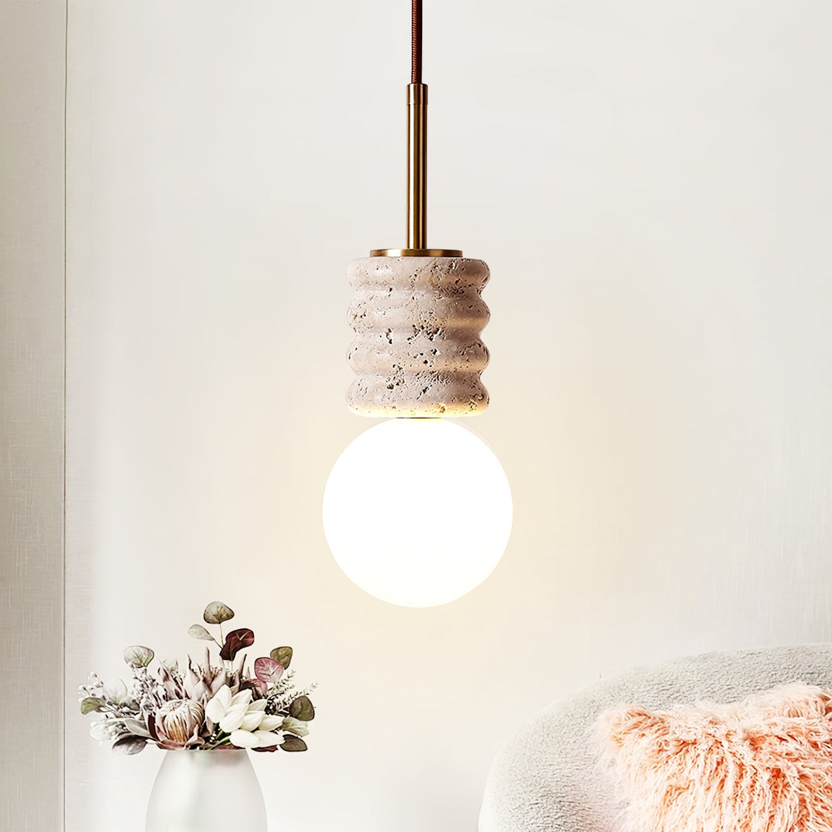Alvia Travertine Pendant Light – Sculpted Stone & Brass Modern Hanging Lamp