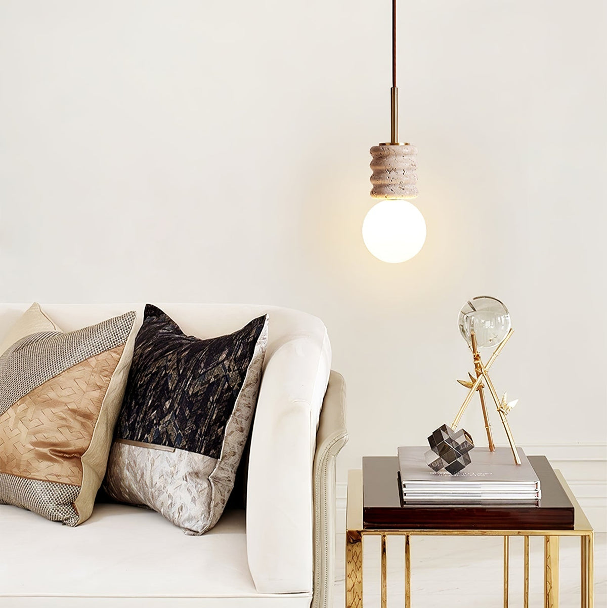 Alvia Travertine Pendant Light – Sculpted Stone & Brass Modern Hanging Lamp