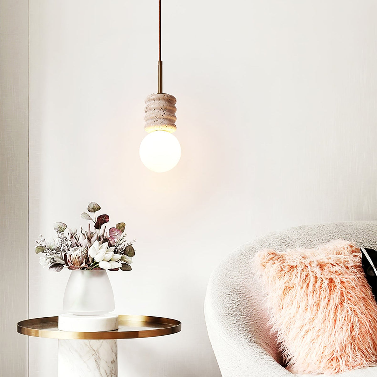 Alvia Travertine Pendant Light – Sculpted Stone & Brass Modern Hanging Lamp