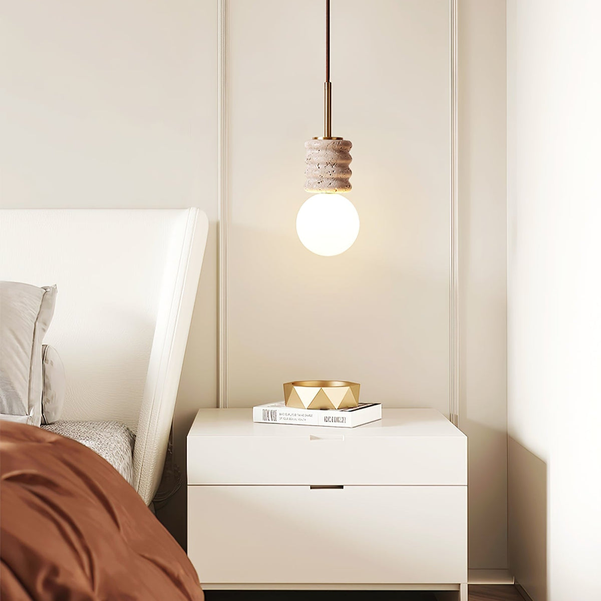 Alvia Travertine Pendant Light – Sculpted Stone & Brass Modern Hanging Lamp