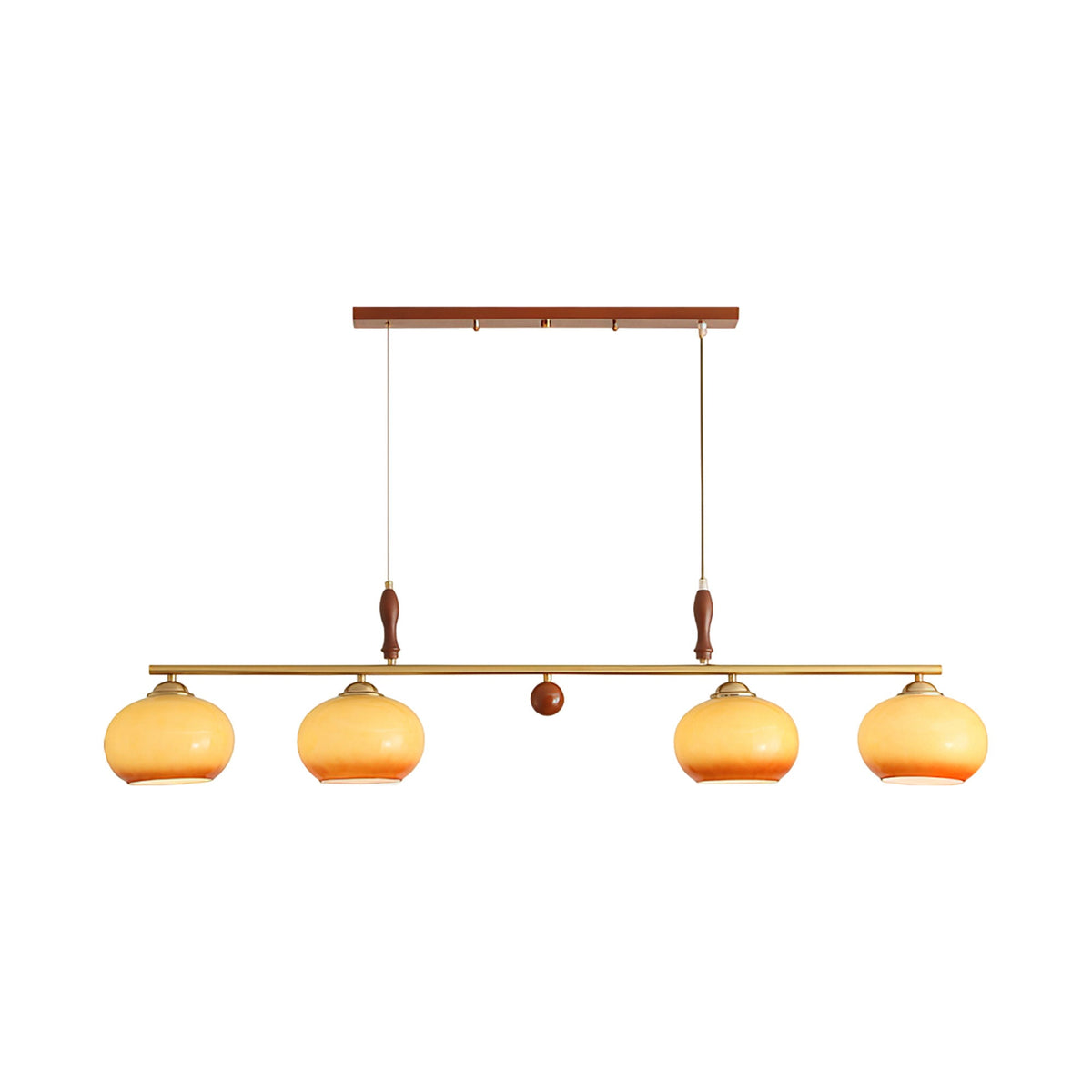 Amber Trio Pendant Light – Brass & Wood Linear Chandelier