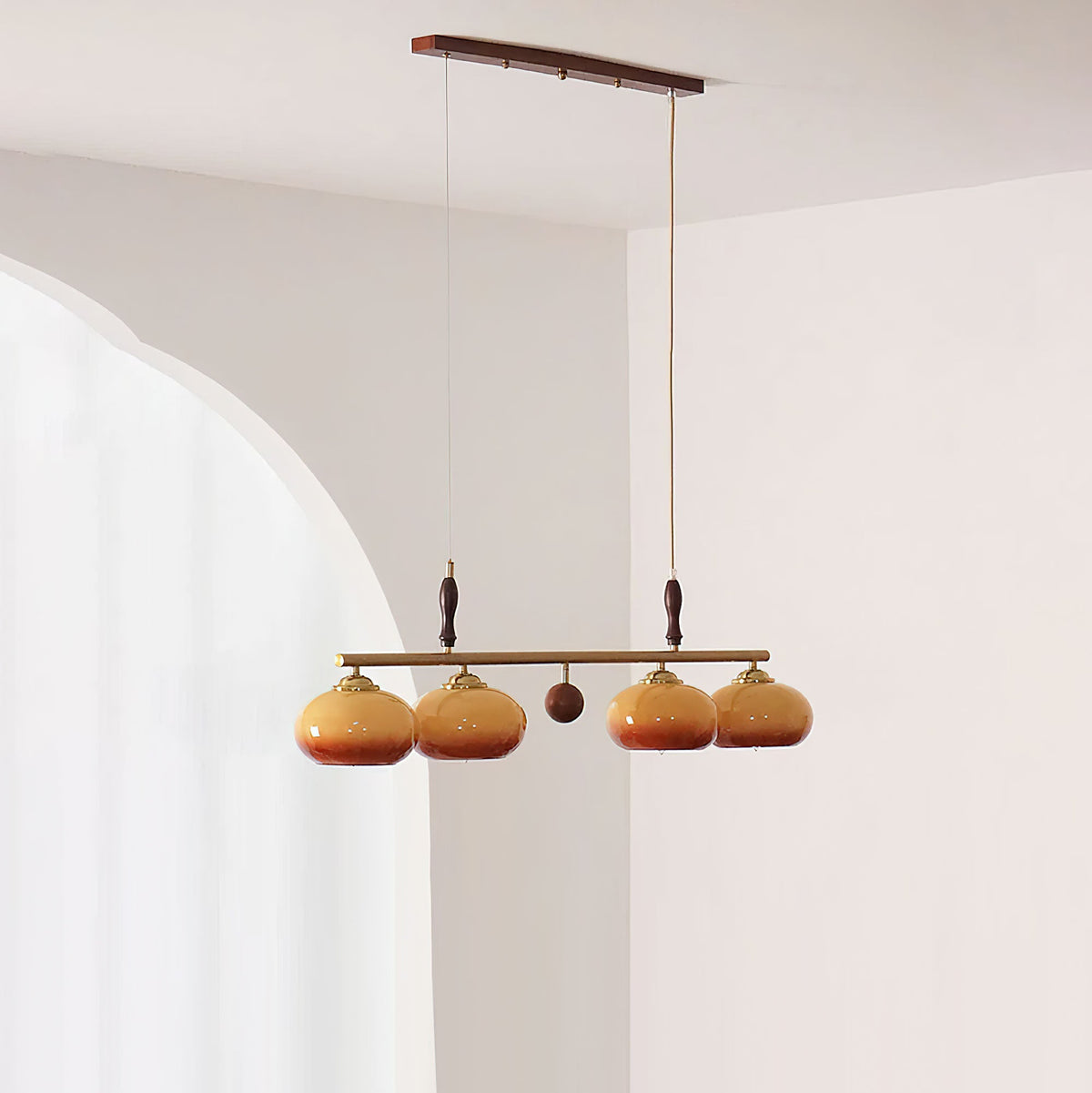 Amber Trio Pendant Light – Brass & Wood Linear Chandelier