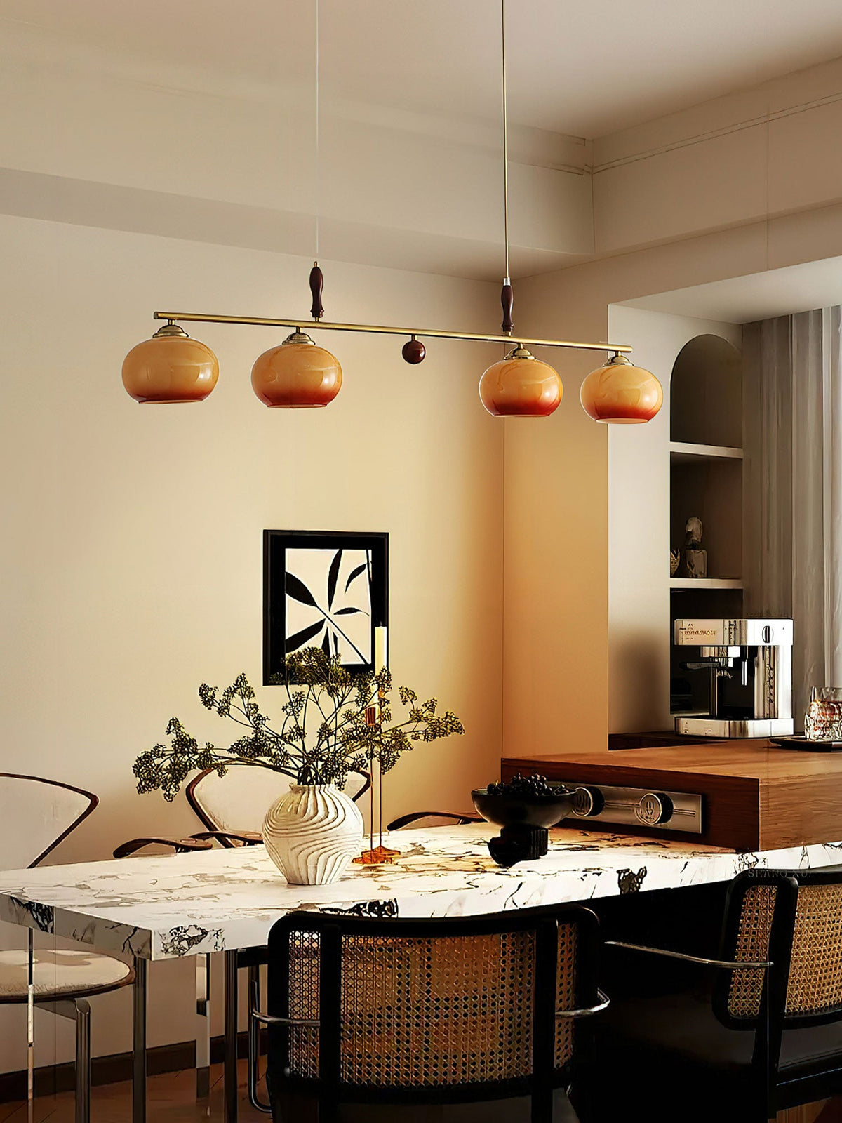 Amber Trio Pendant Light – Brass & Wood Linear Chandelier