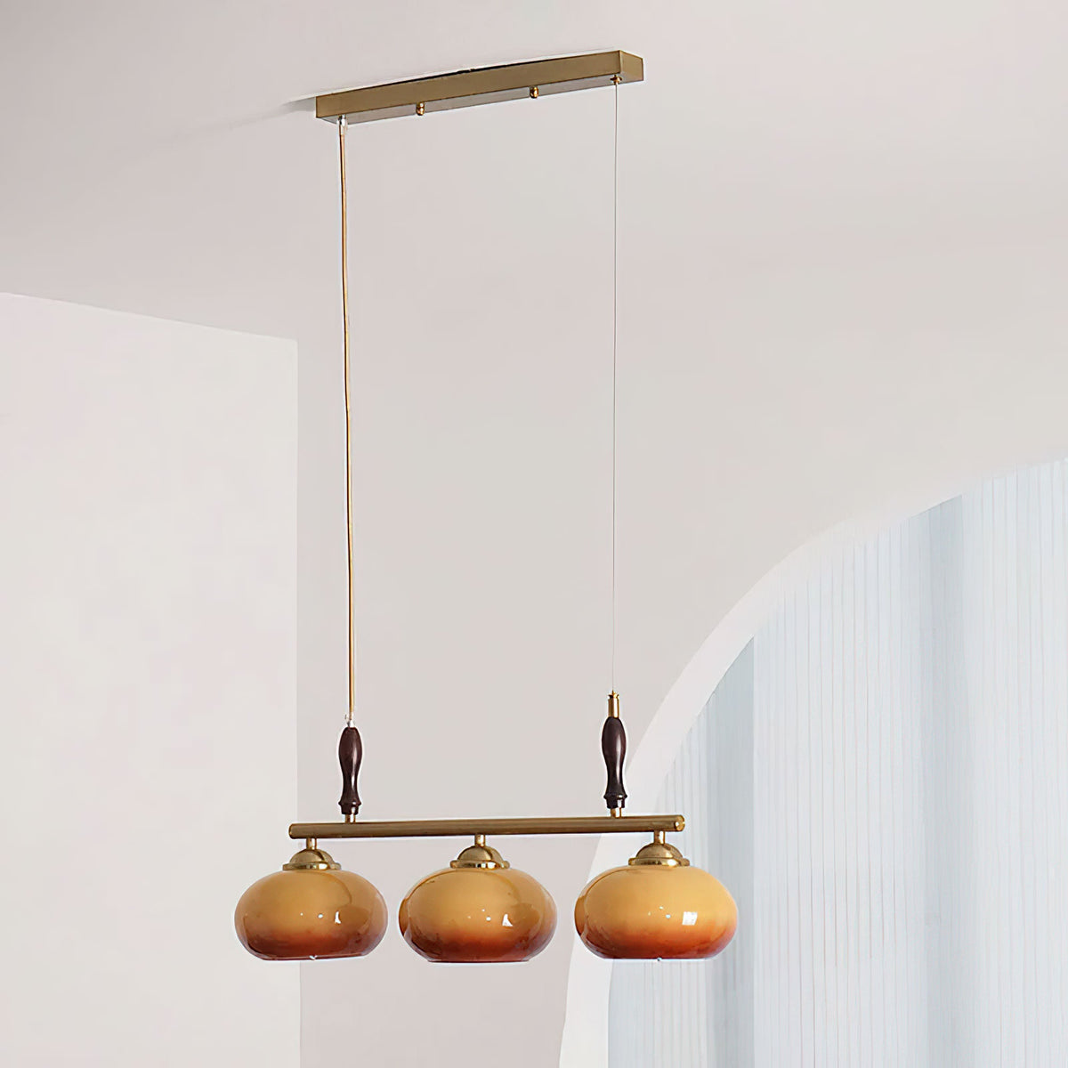 Amber Trio Pendant Light – Brass & Wood Linear Chandelier