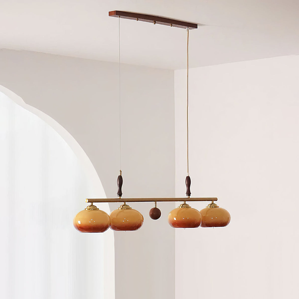 Amber Trio Pendant Light – Brass & Wood Linear Chandelier