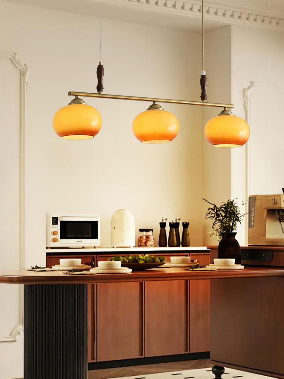 Amber Trio Pendant Light – Brass & Wood Linear Chandelier