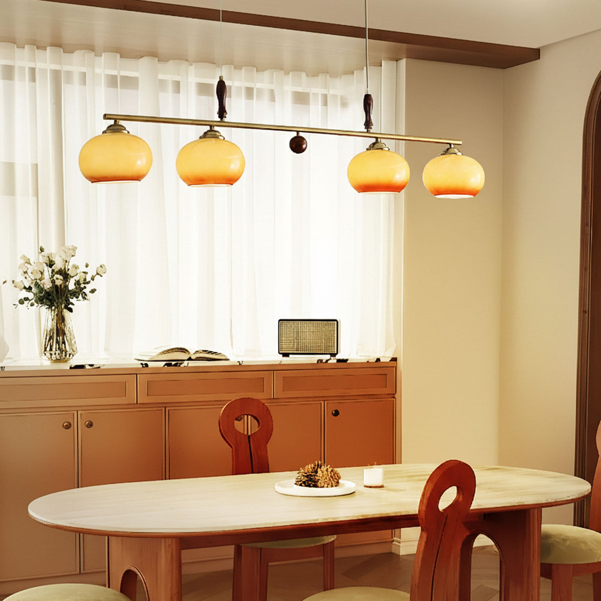 Amber Trio Pendant Light – Brass & Wood Linear Chandelier