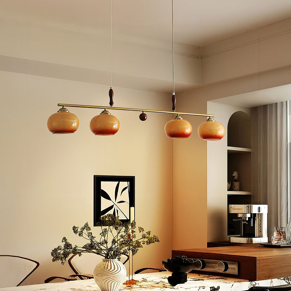 Amber Trio Pendant Light – Brass & Wood Linear Chandelier